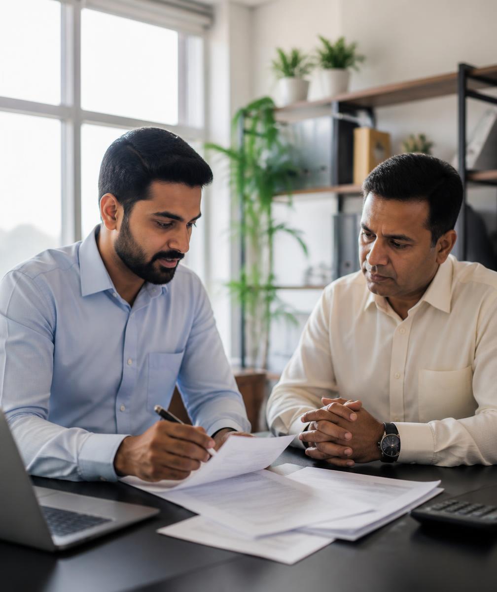 Consultant reviewing payroll and compliance documents with a business owner in a modern office