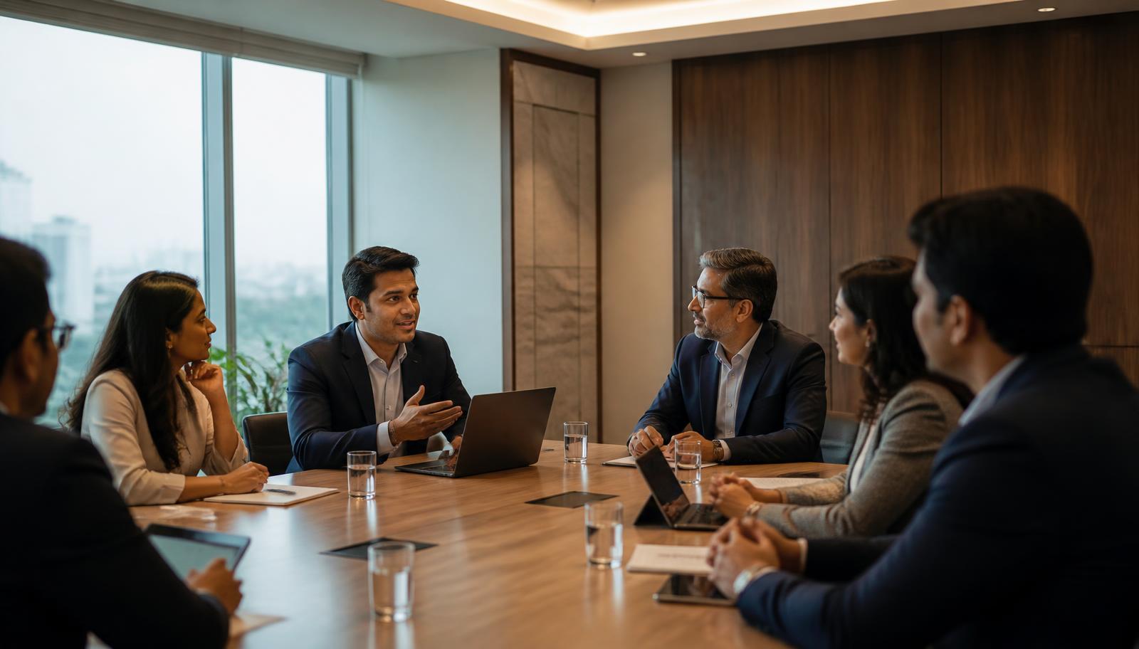 Consultant meeting business owners and HR professionals in a modern boardroom