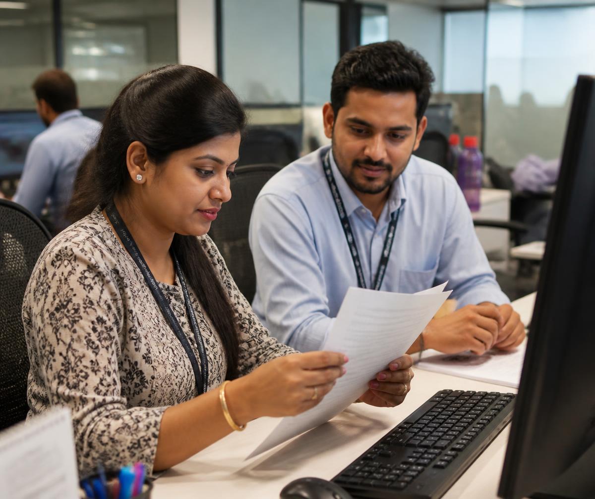 HR and payroll colleagues reviewing employee documents at a workstation