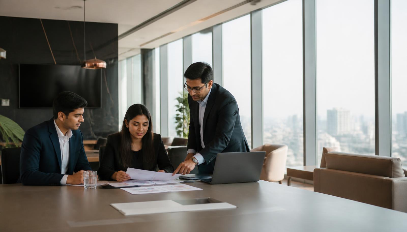 Corporate professionals reviewing documents together in a modern office